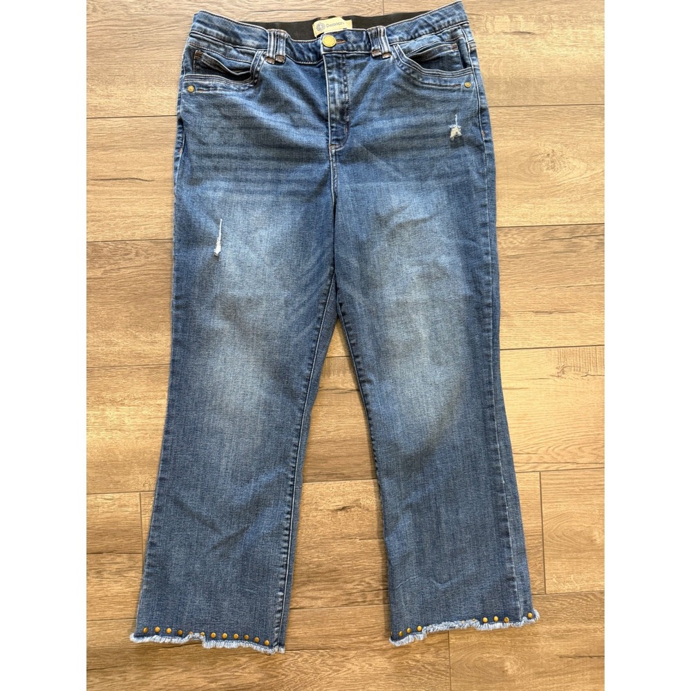 Democracy‎ Ab Solution Blue Distressed Studded Raw Hem Flare Jeans Cropped 14